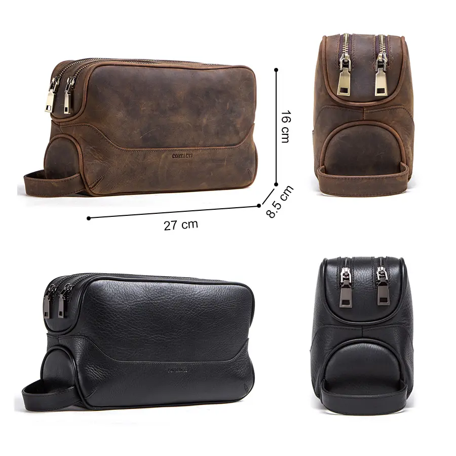 CONTACT'S crazy horse genuine leather men's cosmetic bag male toiletry bag vintage wash bags man's make up bags travel organizer