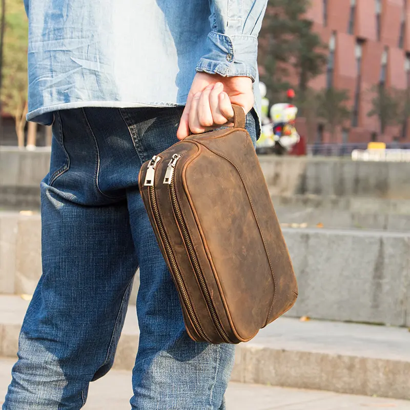 CONTACT'S crazy horse genuine leather men's cosmetic bag male toiletry bag vintage wash bags man's make up bags travel organizer