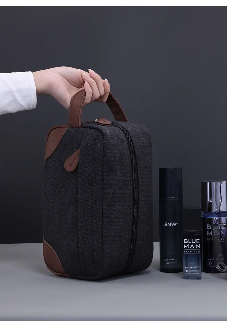 New Vintage Men's Cosmetic Bag Canvas PU Stitching Toiletry Bag Travel Essentials Portable Cosmetics Organizer Storage Bag