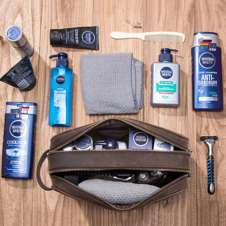 CONTACT'S crazy horse genuine leather men's cosmetic bag male toiletry bag vintage wash bags man's make up bags travel organizer