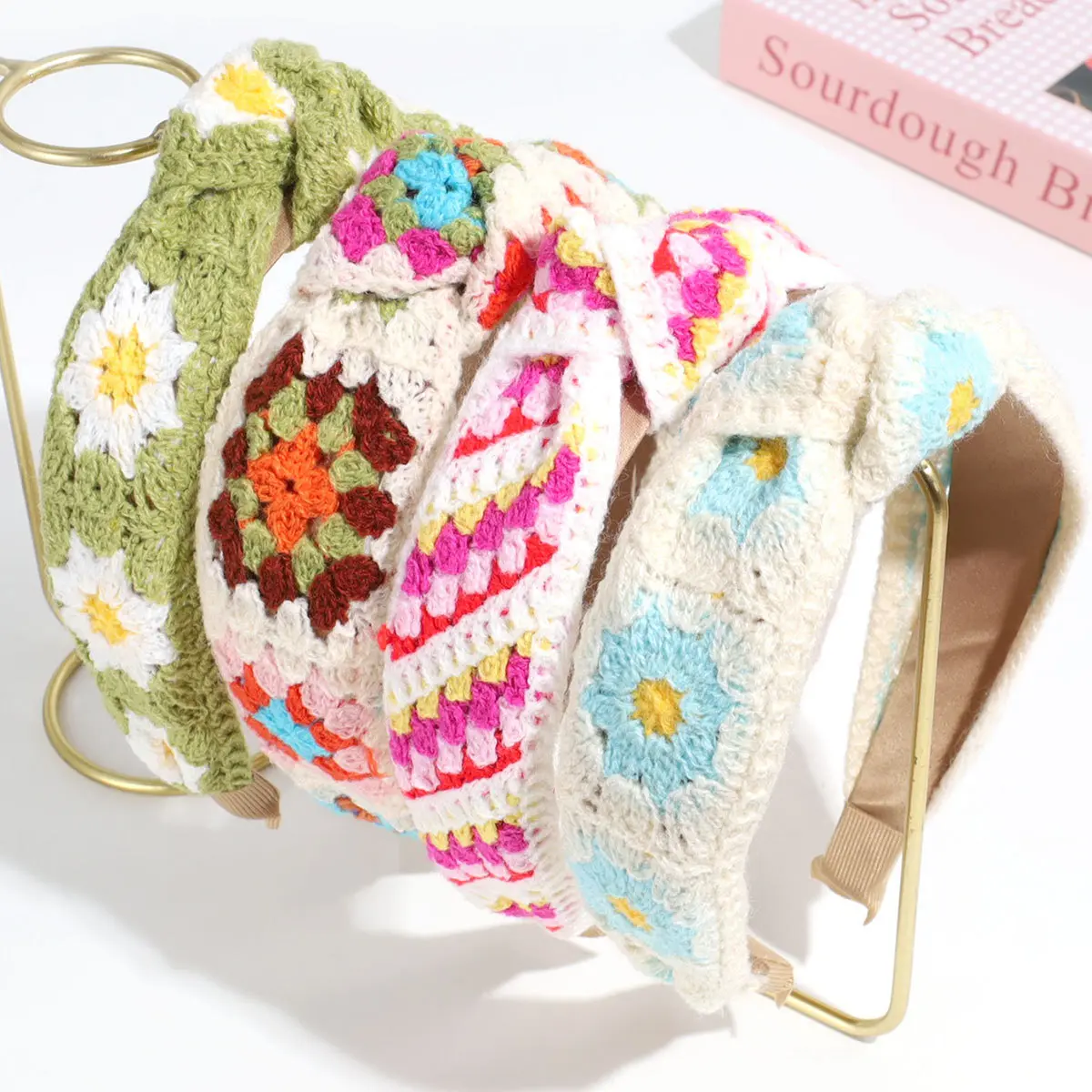 Bohemian sweet knitted flowers with wide-brimmed knotted headbands, cute strawberry temperament headbands pressed hair