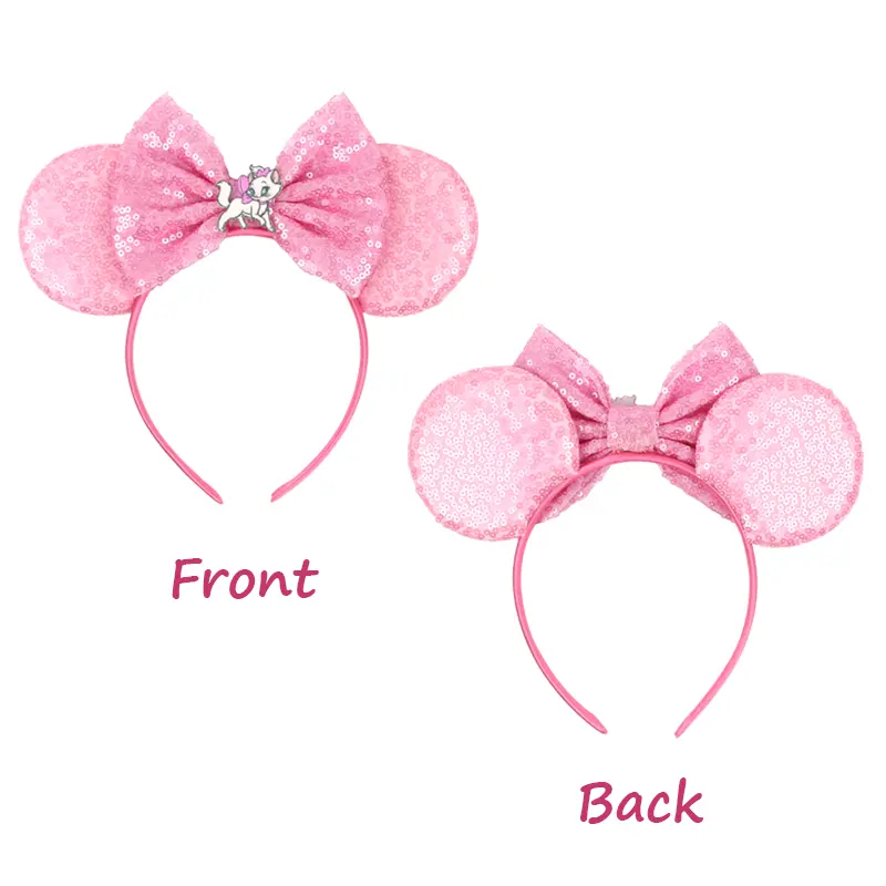 Kawaii Disney Mickey Mouse Ears Headbands For Girls Marie Cat Hairbands Headwear Adults Women Sequined 5" Bows Hair Accessories