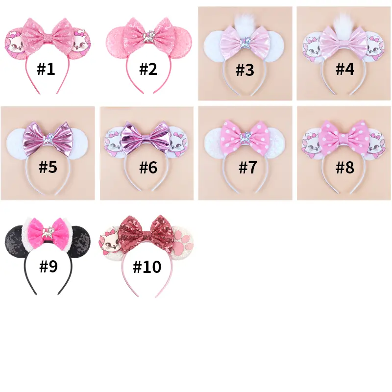 Kawaii Disney Mickey Mouse Ears Headbands For Girls Marie Cat Hairbands Headwear Adults Women Sequined 5" Bows Hair Accessories
