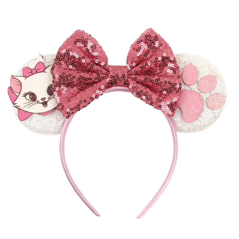 Kawaii Disney Mickey Mouse Ears Headbands For Girls Marie Cat Hairbands Headwear Adults Women Sequined 5" Bows Hair Accessories