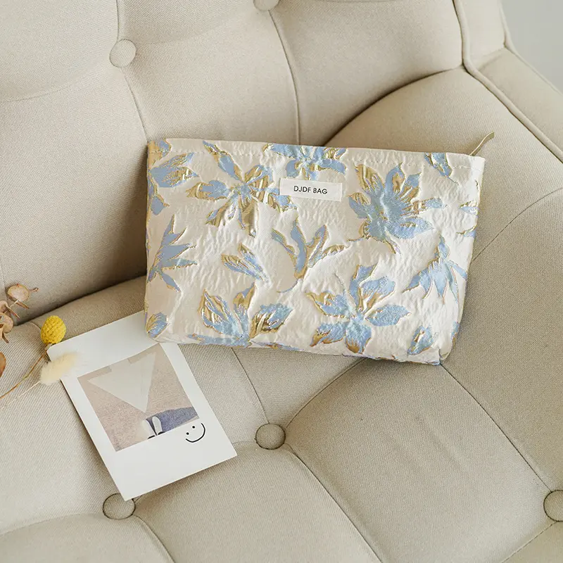 Blue and gold women's makeup bag, portable large-capacity storage bag, travel toiletry bag, canvas double-layer inner tank bag
