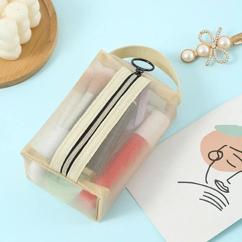 Portable Cosmetic Storage Bag Semi Transparent Wash Nylon Mesh Bags Zipper Opening Small Objects Storage Pouch Makeup Package