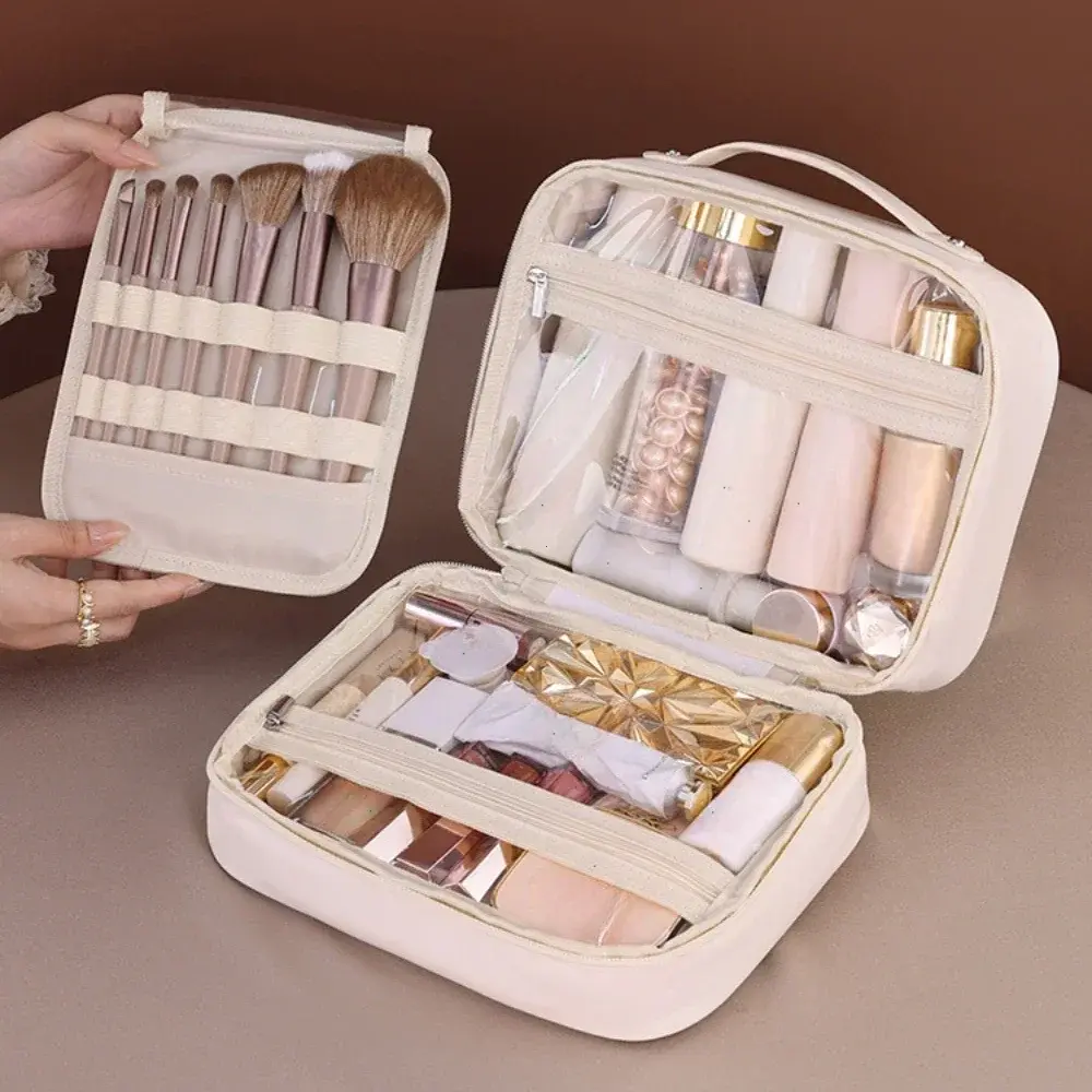 Women PU Leather Double Layer Travel Makeup Wash Clear Cosmetic Bag With Zipper Multi-Compartment Waterproof Toiletry Organizer