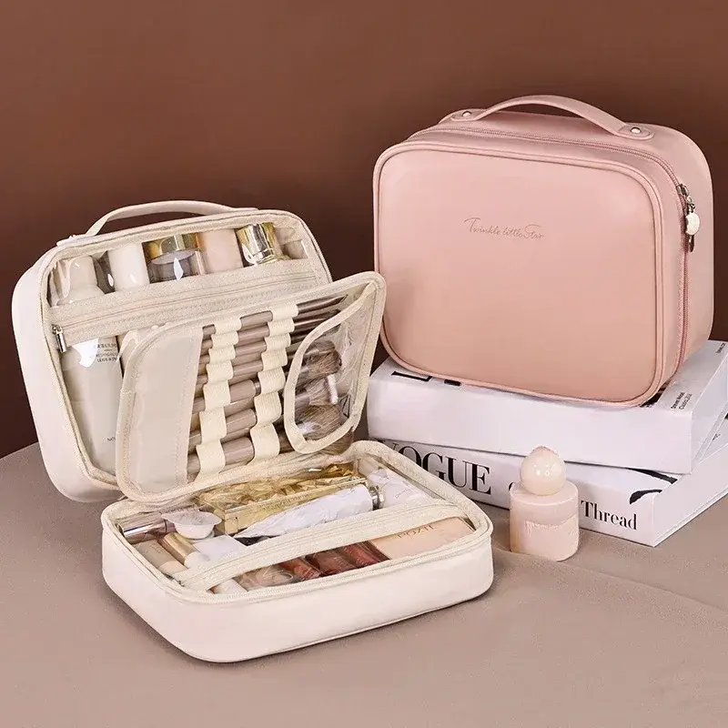 Women PU Leather Double Layer Travel Makeup Wash Clear Cosmetic Bag With Zipper Multi-Compartment Waterproof Toiletry Organizer