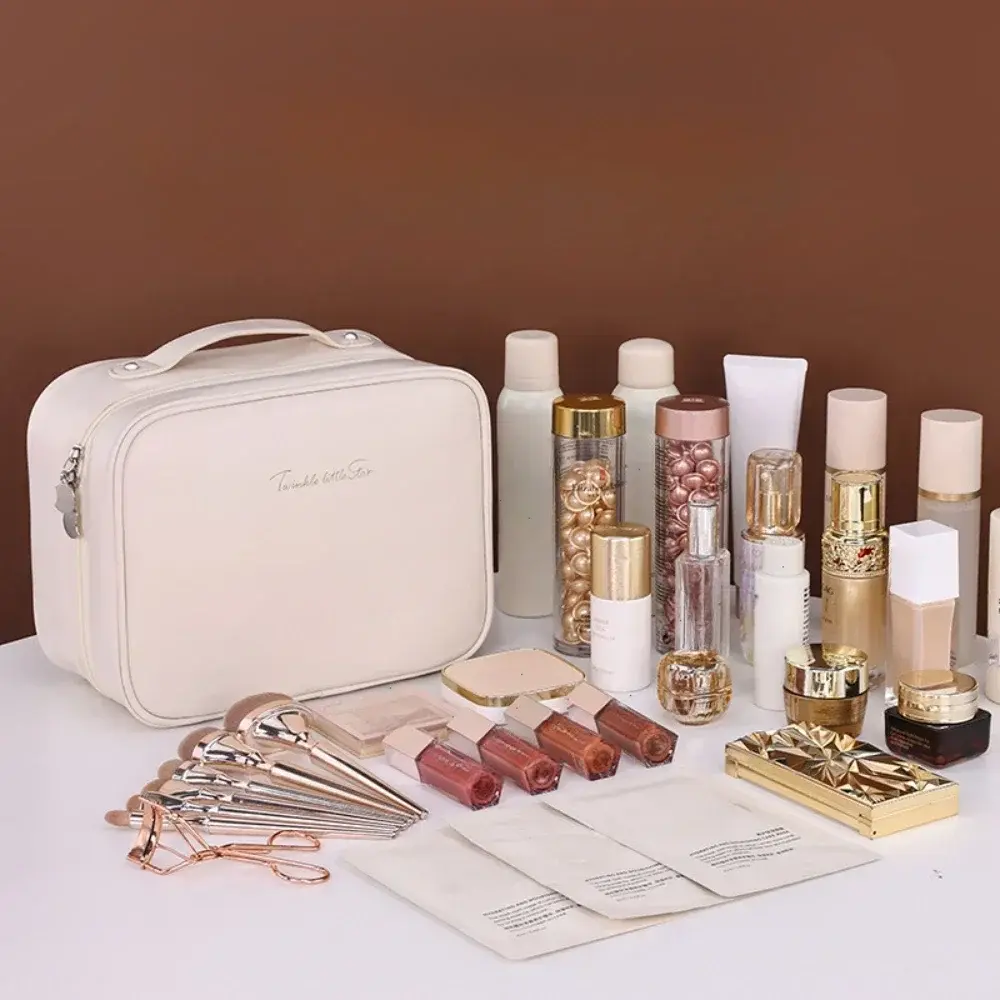 Women PU Leather Double Layer Travel Makeup Wash Clear Cosmetic Bag With Zipper Multi-Compartment Waterproof Toiletry Organizer