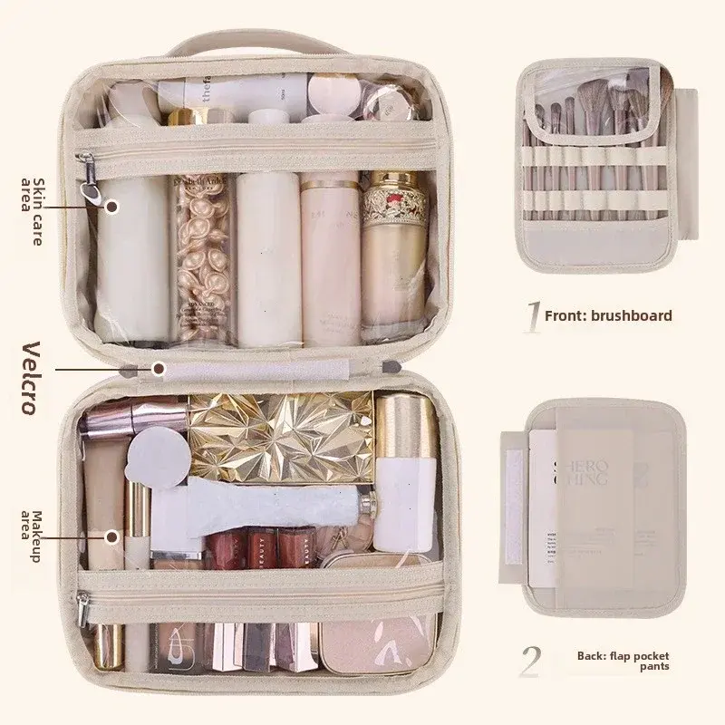 Women PU Leather Double Layer Travel Makeup Wash Clear Cosmetic Bag With Zipper Multi-Compartment Waterproof Toiletry Organizer