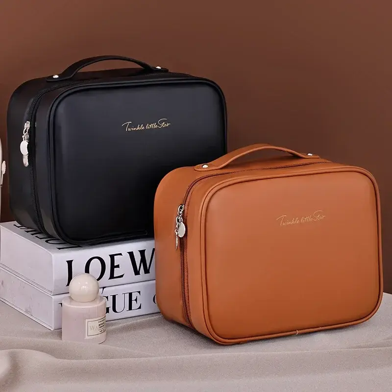 Makeup Bag PU Leather Double Layer Clear Cosmetic Bag Large Capacity Luxury Cosmetics Organizer Women's Travel Essentials