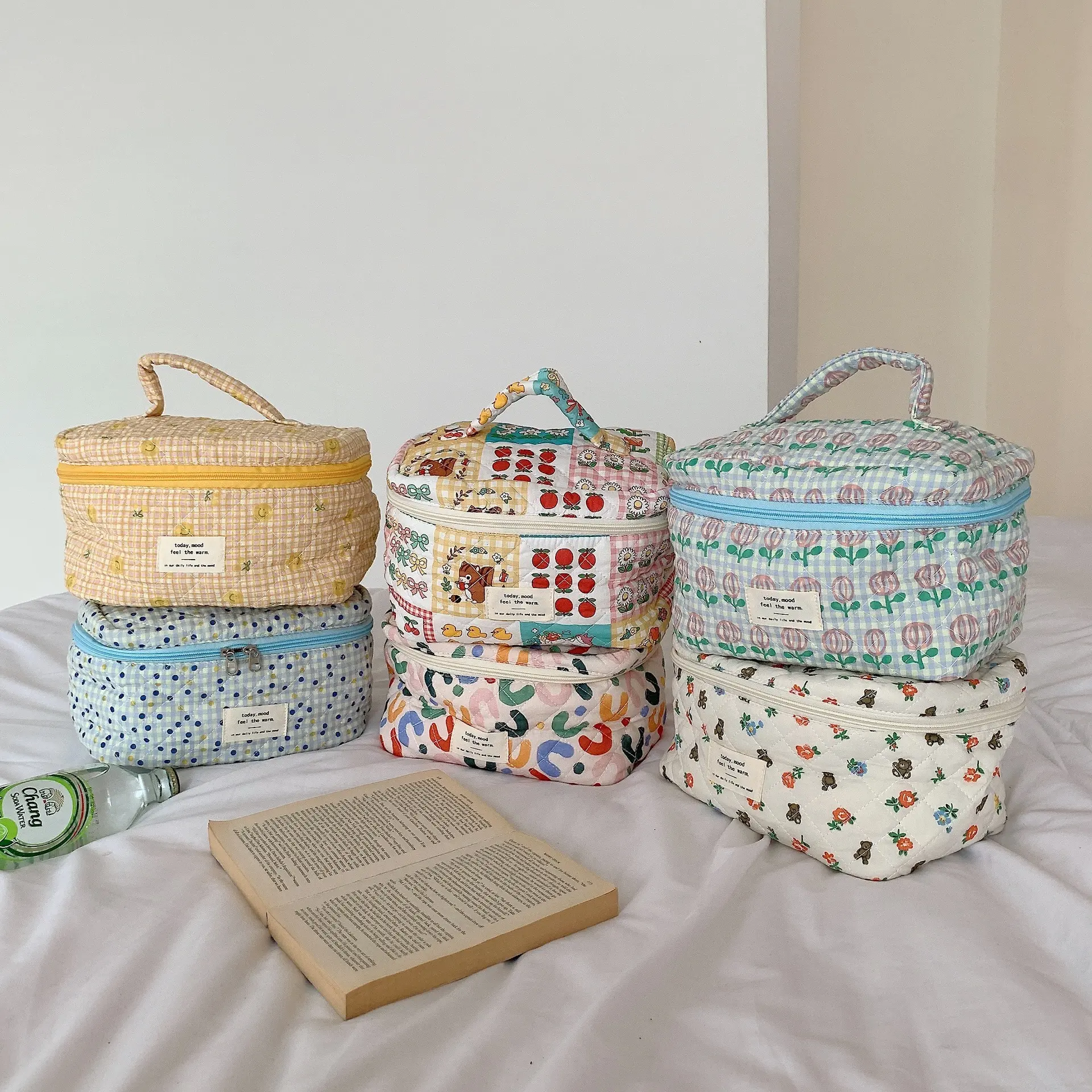 Cute Quilting Cotton Makeup Bag Women Zipper Cosmetic Organizer Travel Essentials Pouch Handbag Box Shape Ladies Toiletry Case