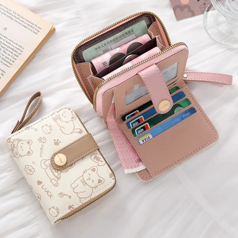 Cute Cat Coin Purse Women Fashion Short Wallet PU Leather Large Capacity Wallet Lightweight ID Card Holder Travel Cash Coin Bag