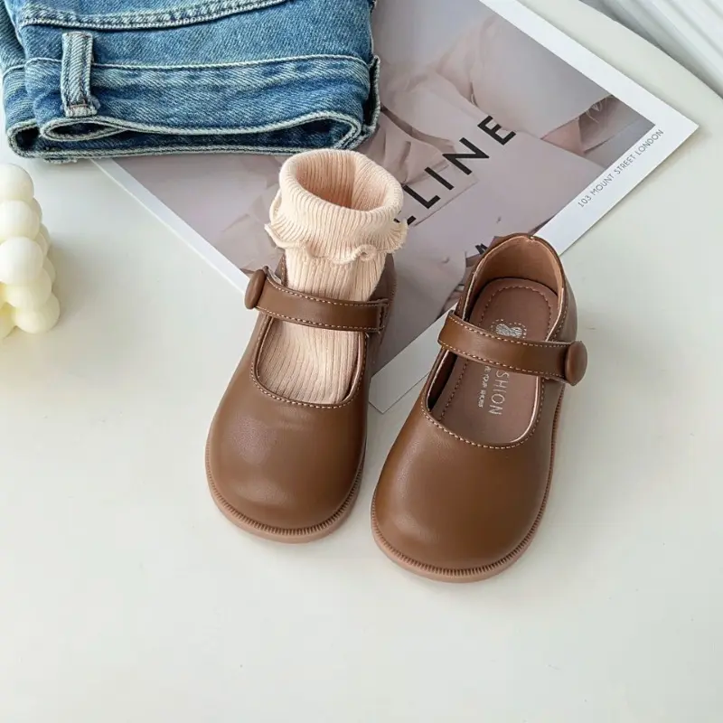 구두 Children Leather Shoes Black Brown Princess Mary Janes Round Toe Little Girl Single Shoes Soft Sole Shallow Kids Dress Shoes