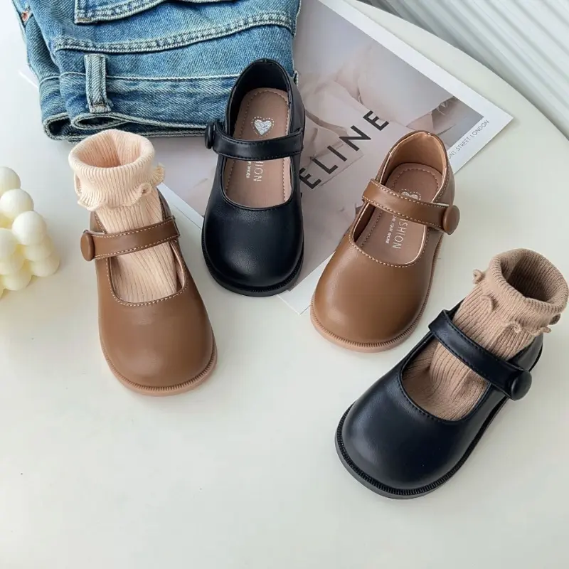구두 Children Leather Shoes Black Brown Princess Mary Janes Round Toe Little Girl Single Shoes Soft Sole Shallow Kids Dress Shoes
