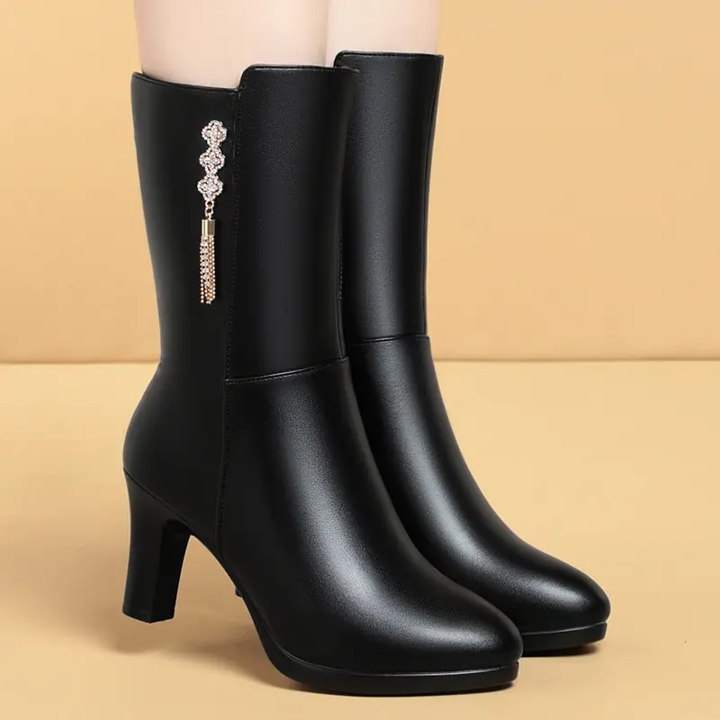 Women's Winter Warm Soft Fashion Leather Female Boots High-heeled Plush Trend Mid-calf Zipper Round Head Boots