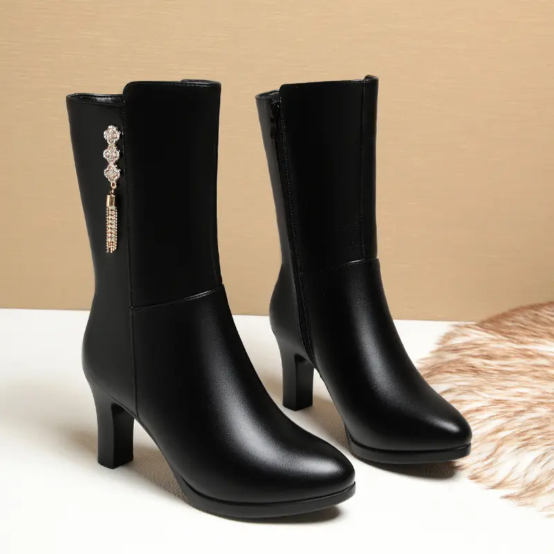 Women's Winter Warm Soft Fashion Leather Female Boots High-heeled Plush Trend Mid-calf Zipper Round Head Boots