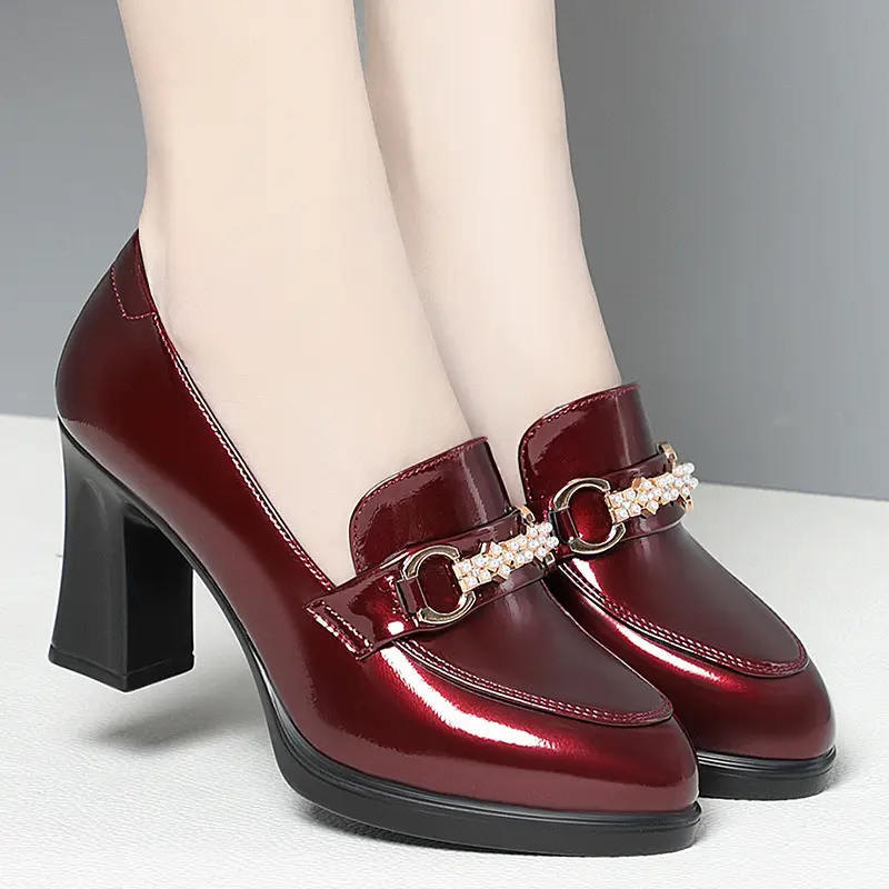 New High Heels Dress Shoes Pointed Toe Woman Pumps Black Medium Heel Patent Slip on Square Heel Leather Shoes