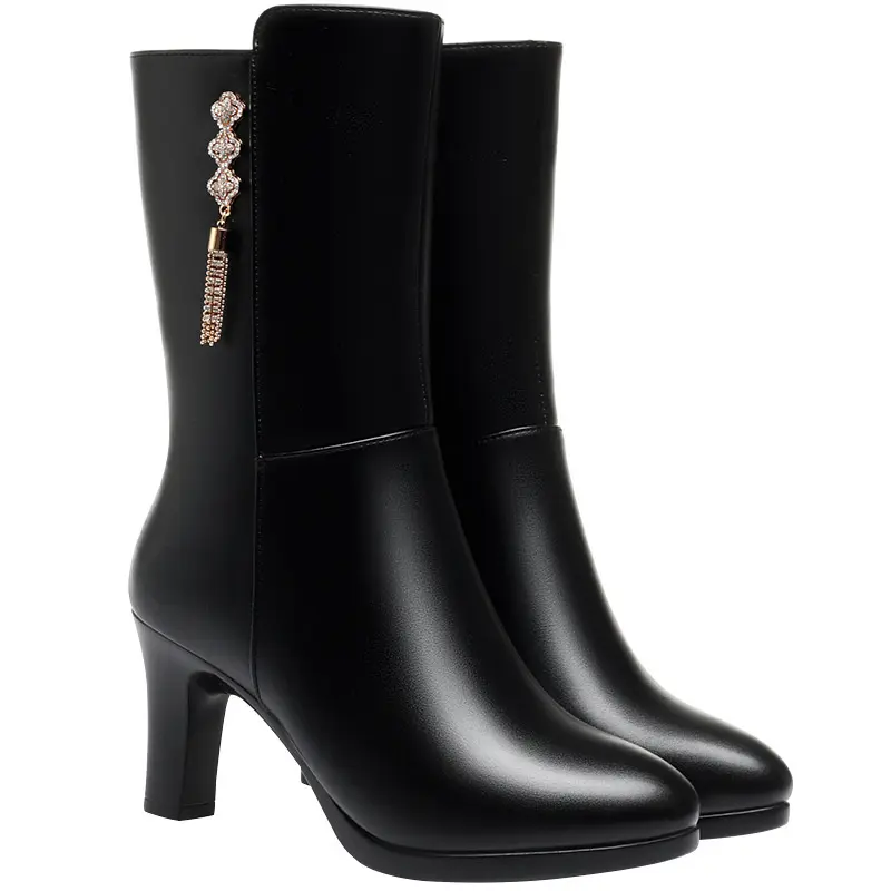 Women's Winter Warm Soft Fashion Leather Female Boots High-heeled Plush Trend Mid-calf Zipper Round Head Boots
