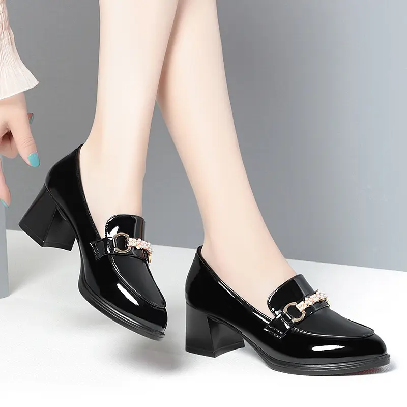 New High Heels Dress Shoes Pointed Toe Woman Pumps Black Medium Heel Patent Slip on Square Heel Leather Shoes