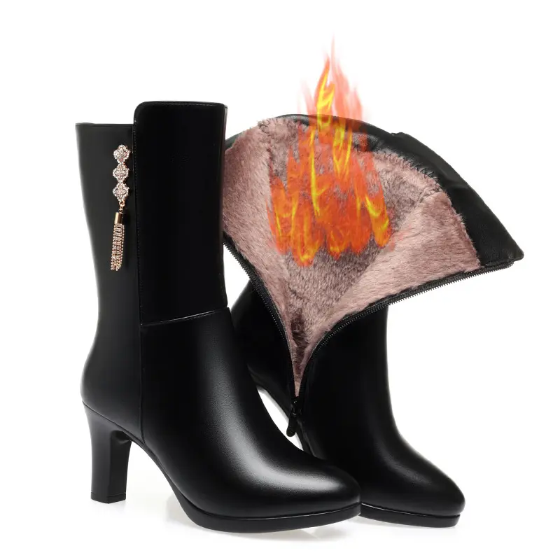 Women's Winter Warm Soft Fashion Leather Female Boots High-heeled Plush Trend Mid-calf Zipper Round Head Boots