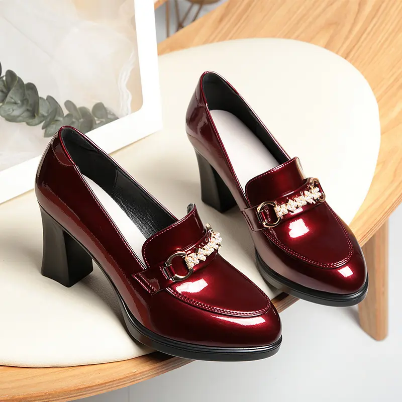 New High Heels Dress Shoes Pointed Toe Woman Pumps Black Medium Heel Patent Slip on Square Heel Leather Shoes