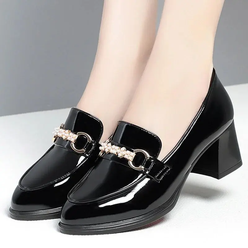 New High Heels Dress Shoes Pointed Toe Woman Pumps Black Medium Heel Patent Slip on Square Heel Leather Shoes