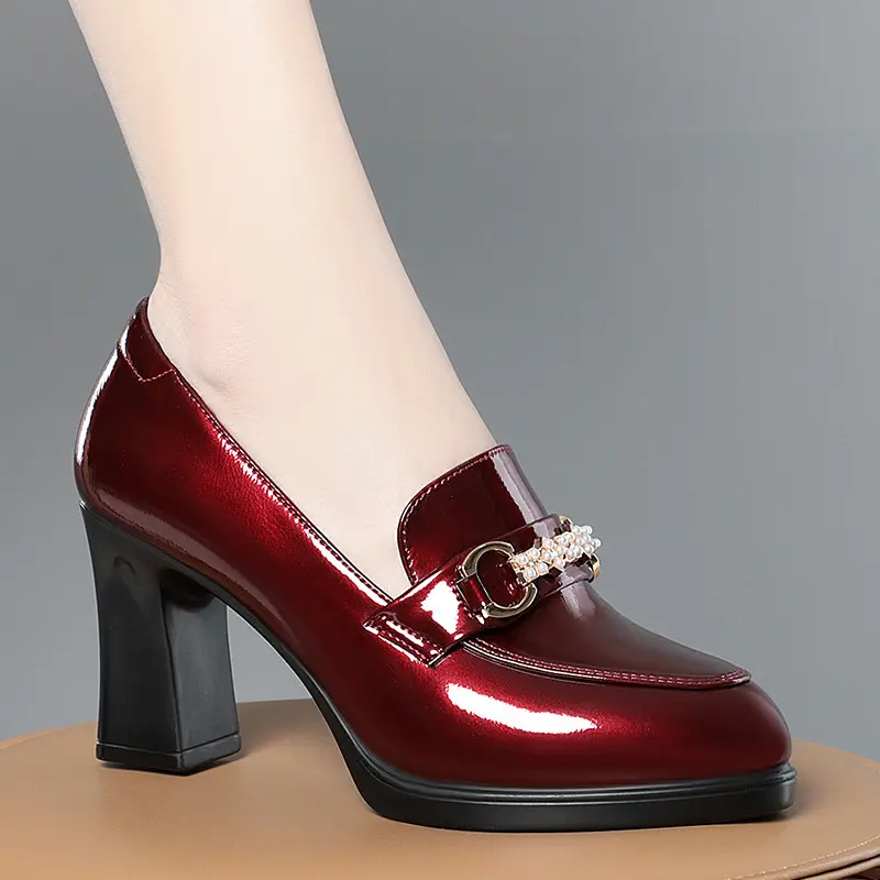 New High Heels Dress Shoes Pointed Toe Woman Pumps Black Medium Heel Patent Slip on Square Heel Leather Shoes