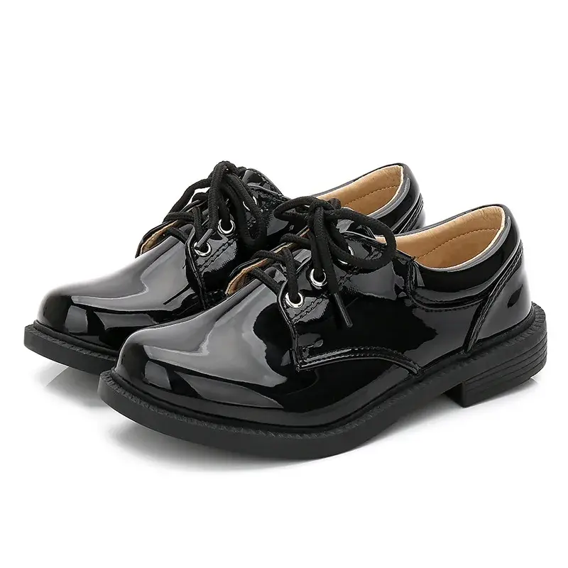 Children's Leather Shoes Non-slip Black Shoes for Boys Fashion Kids School Uniform Flat Shoes Breathable Versatile Glossy PU