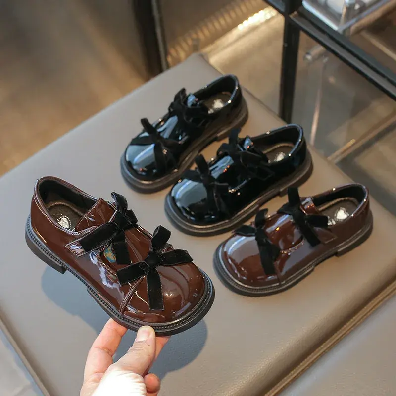 Chic Girls Black Mary Jane Shoes with Double Bowknot Spring Autumn Kids Princess Leather Shoe Fashion Causal Children Flat Shoes