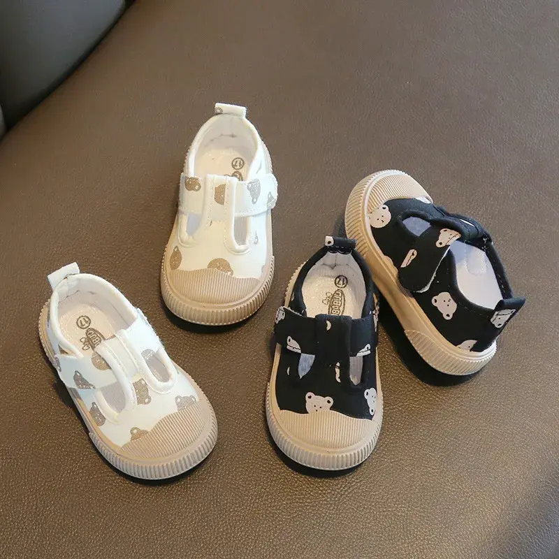 2025 New Spring Baby Girl Shoes Kids Autumn Canvas Shoes Children Casual Sneakers Korean Cartoon Bear Style Kids First Walkers