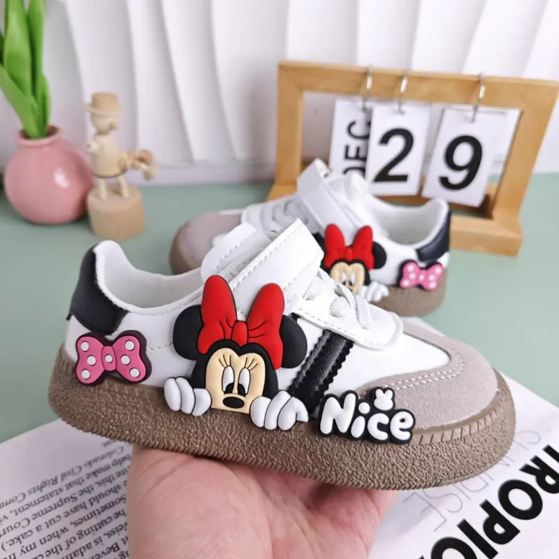 Disney Children's Casual Shoes Cute Minnie Girls Sneakers Mickey Boys Sport Shoes Anti-slip Soft Sole Kids Board Shoes Size 26-3
