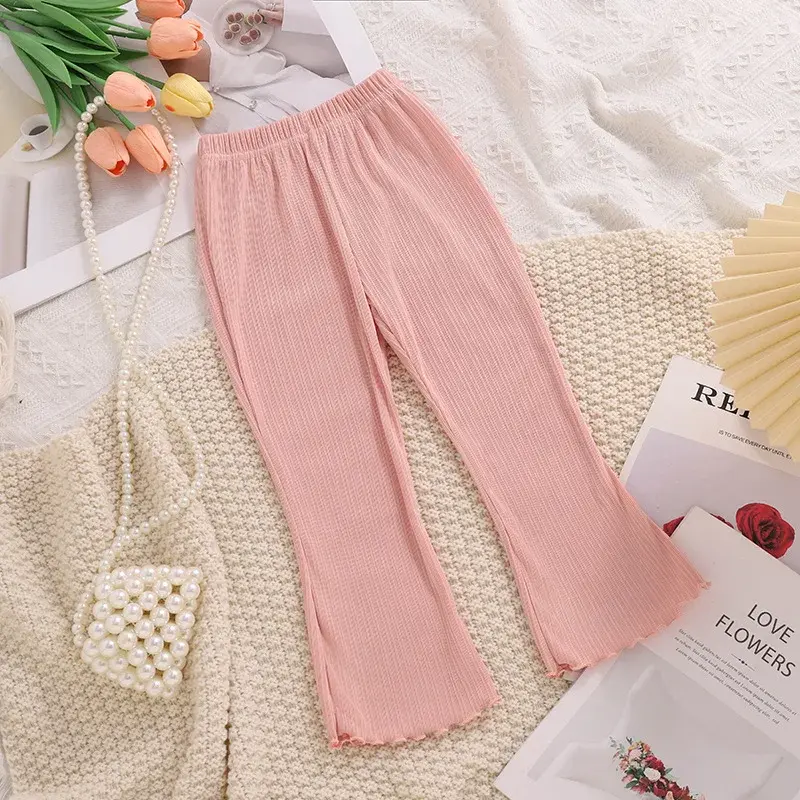 Children Summer Solid Color Thin Ribbed Knit Flared Pants Girls Casual Trousers Korea Fashion Pants Girl Princess Style Capris