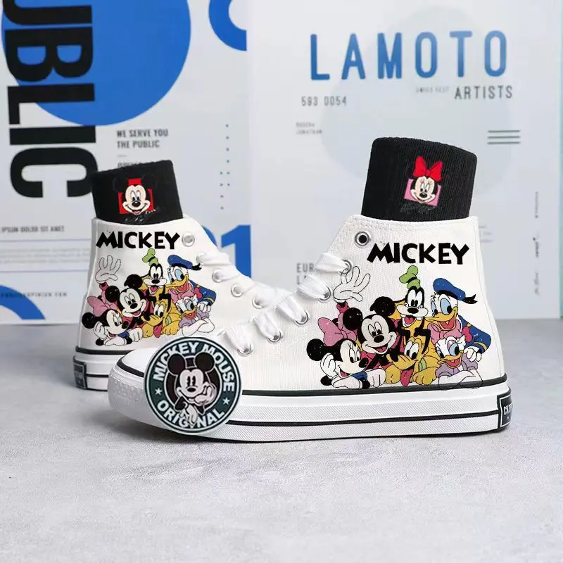 Disney Mickey Mouse Summer High Top Canvas Cartoon Shoes Graffiti Breathable Sneakers Black White Causal Shoes Size 35-44