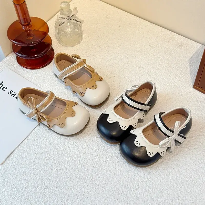 Kids Princess Shoes Round Toes Non-slip Girls Leather Shoes Soft Sole Ins Trendy 2025 New Children Flats Side Bows Sweet Cute