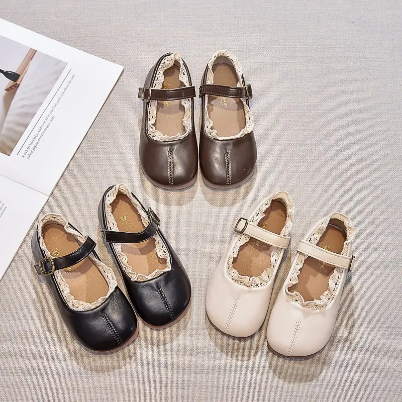 Kids MaryJanes Dance Shoes Round Toes Sweet Lace Girls Princess Shoes Black Matte 2025 Brand New Children Flat Shoes Elegant