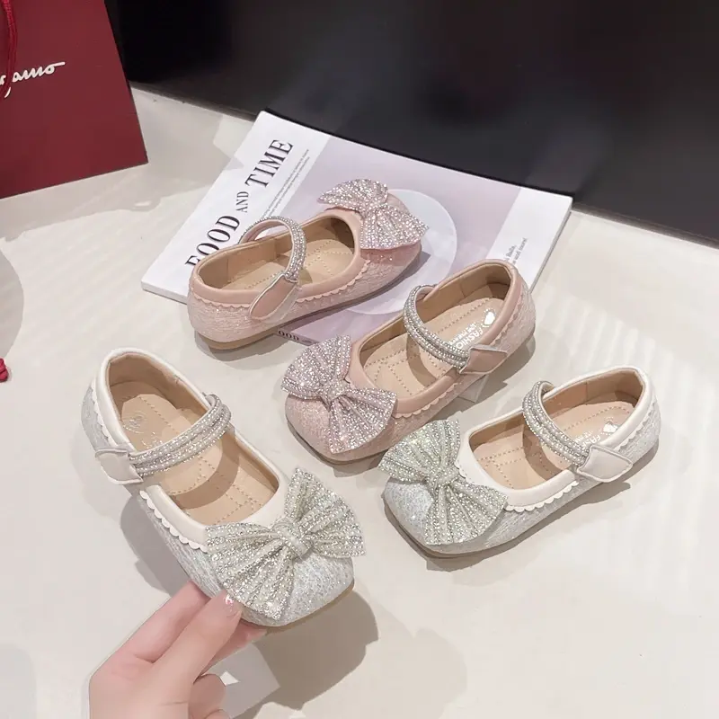 Children's Leather Shoes Bling Sequins Bowknot Princess Shoes for Girls Sweet Chic Kids Causal Wedding Shoes Shallow Versatile
