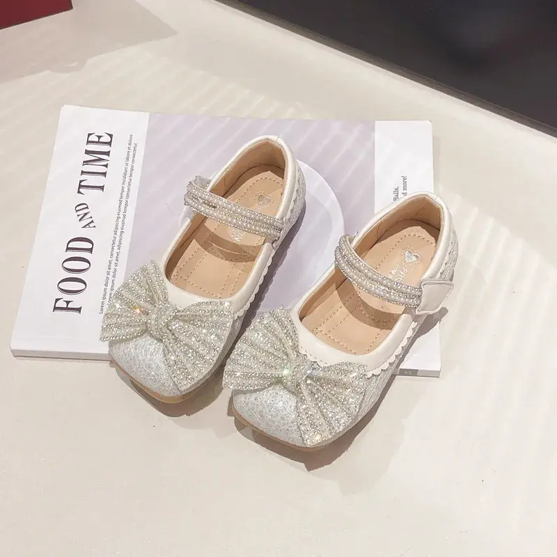 Children's Leather Shoes Bling Sequins Bowknot Princess Shoes for Girls Sweet Chic Kids Causal Wedding Shoes Shallow Versatile