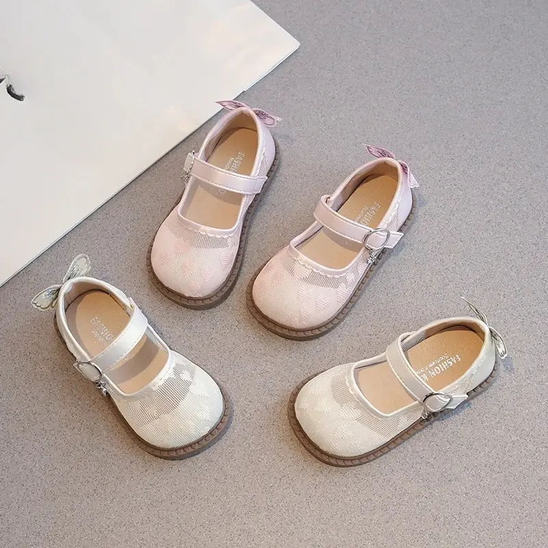 New Little Girl Leather Shoes Mesh Heart Children's Flats Embroidered Butterfly Kids Fashion Wedding Party Causal Princess Shoes