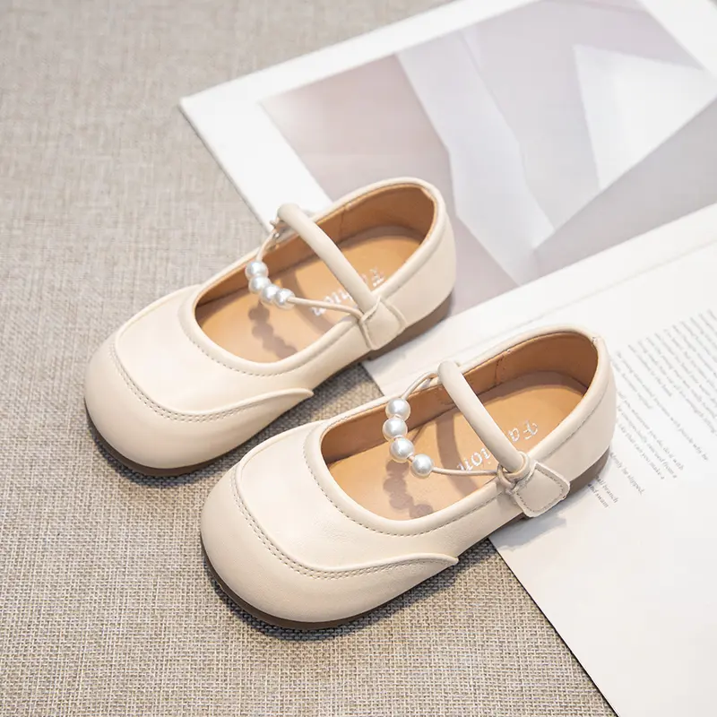 Girls Leather Shoes Soild Color Anti-kicked Kids Flats Princess Shoes Non-slip Soft Sole Children Performance Shoe Sweet Beading