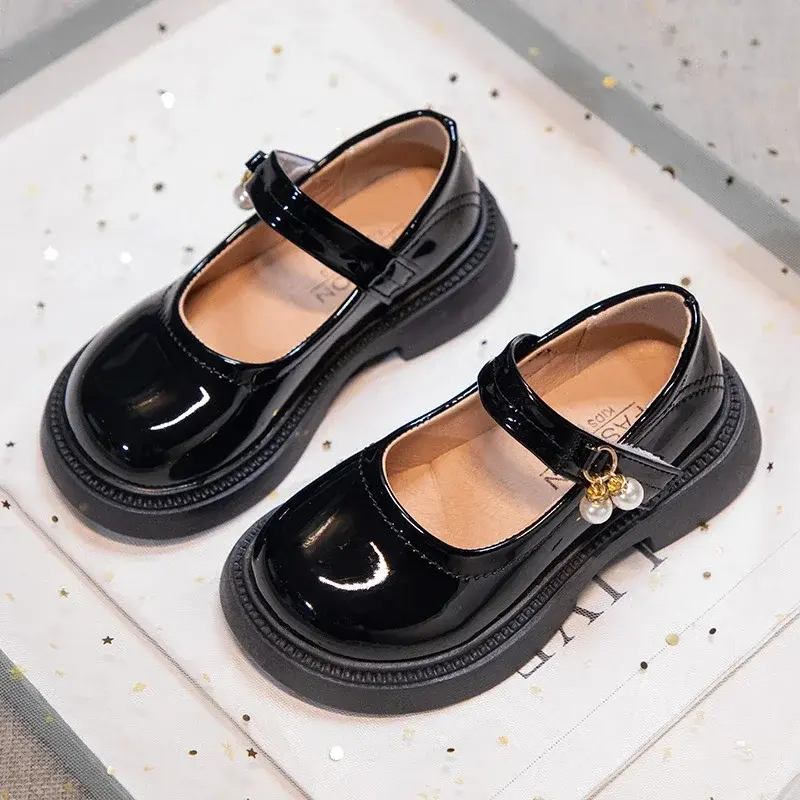 Girls Chic Leather Shoes Princess Sweet Black Mary Janes with Pearl Pendant for Wedding Party Back To School Dress Flats Soft