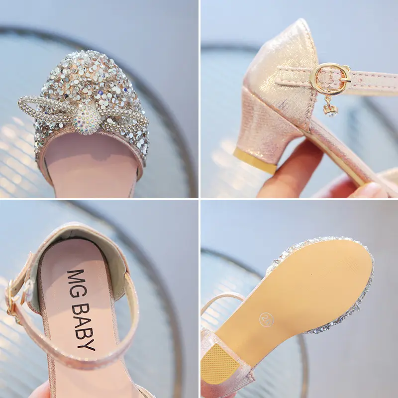 2023 New Girls High Heels Children's Princess Crystal Shoes Fashion Toes Wrapped Rhinestones Bow Kids Sandals for Wedding Party