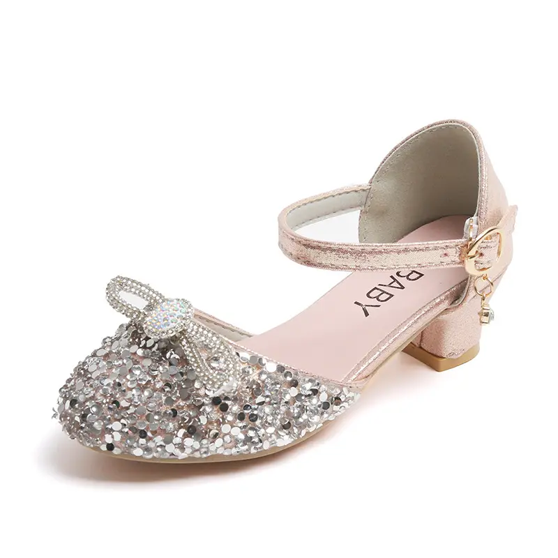 2023 New Girls High Heels Children's Princess Crystal Shoes Fashion Toes Wrapped Rhinestones Bow Kids Sandals for Wedding Party