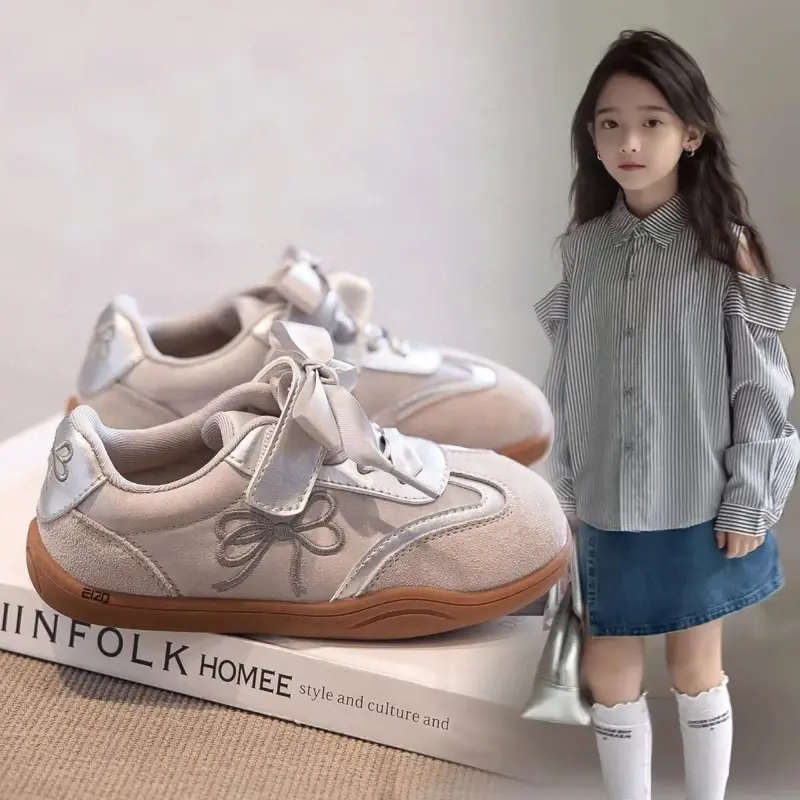 2025 Children Casual Sneakers for Girls Spring New Fashion Korean Style Soft Anti-slippery Versatile Chic Sweet Bowtie Shoes