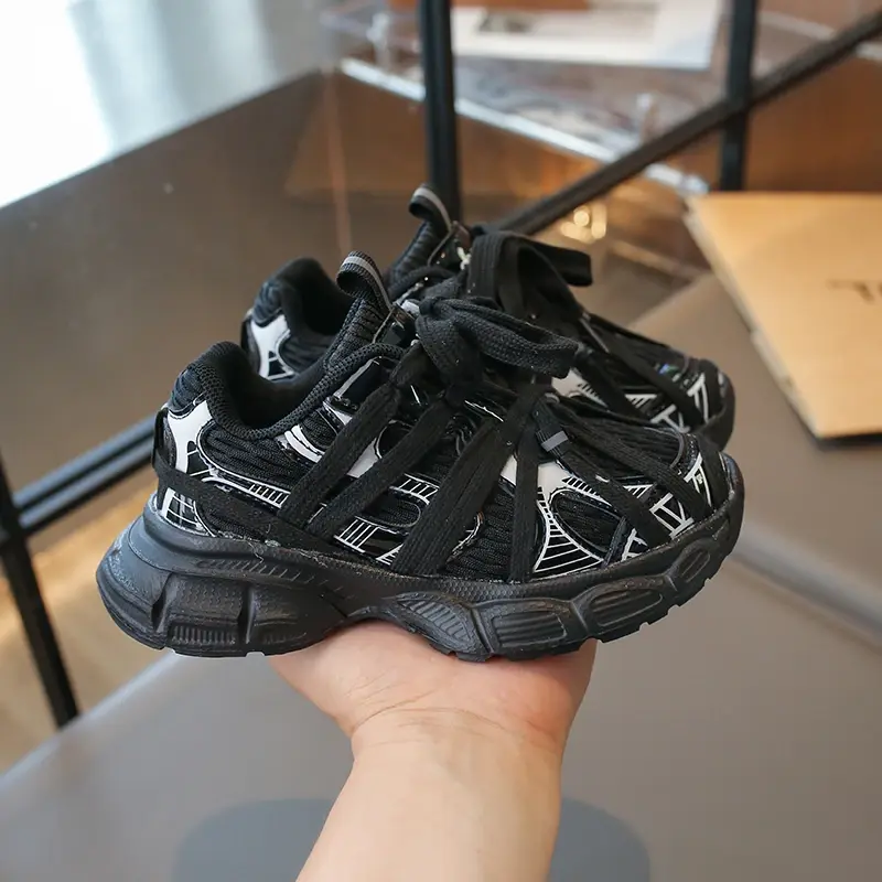 Kids Shoes for Boy School Black Beige Versatile Sports Shoes for Girls Fashion Causal Patchwork Children Mesh Chunky Sneakers