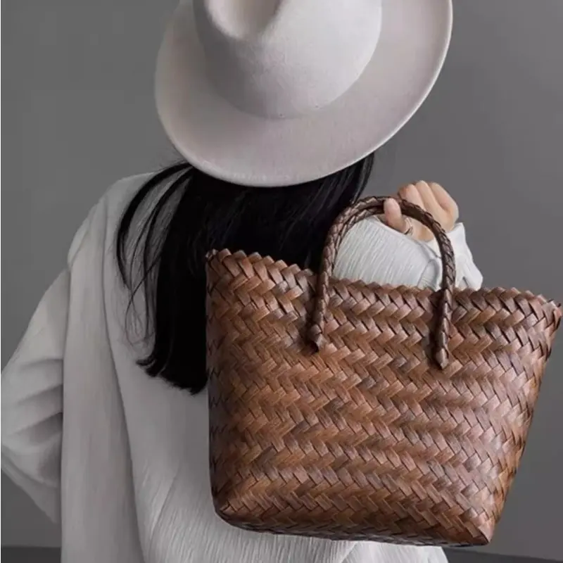 2025 New Autumn Vegan Leather Braided Tote Bag Large Summer Beach Travel Handbag Wallet Vintage Women's Handmade Shoulder Bag