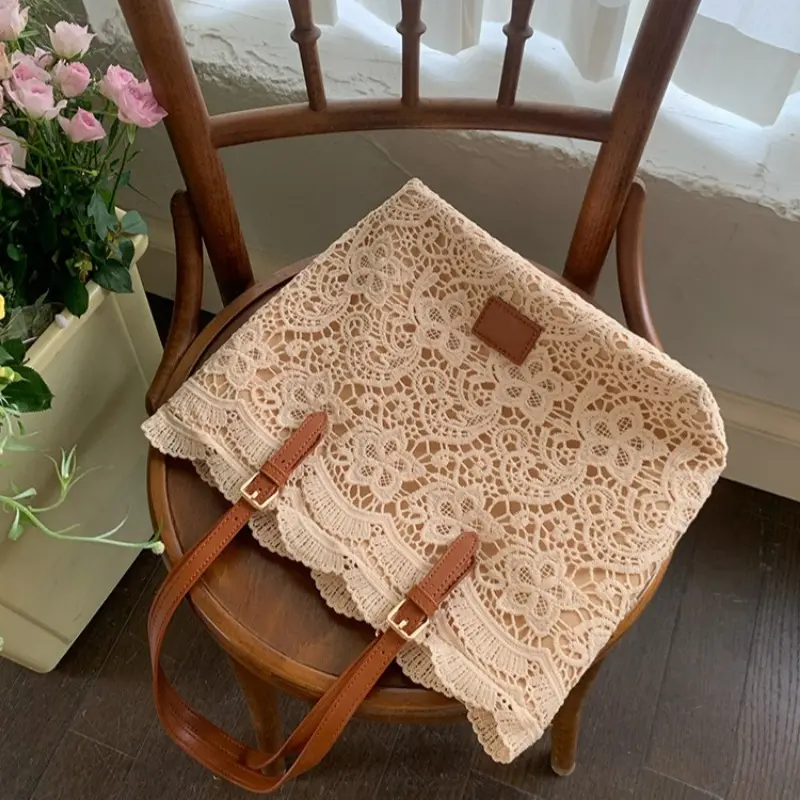 Women White Lace Flower Embroidery Tote Summer Seaside Travel Vacation Beach Bag Ladies Shoulder Retro Handbag Shopping Bag