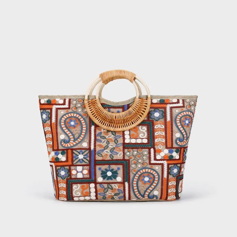 Women Beach Bag Sequin Embroidery Straw Tote Bag Bohemian Handbag Large Capacity Summer Shoulder Bag Suitable for Travel