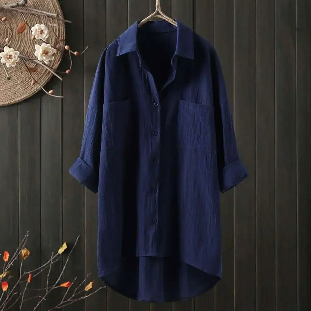 New 2024 Elegant Solid Color Cotton Linen Shirt Loose Fit Spring Women's Clothing Top Shirt Women's