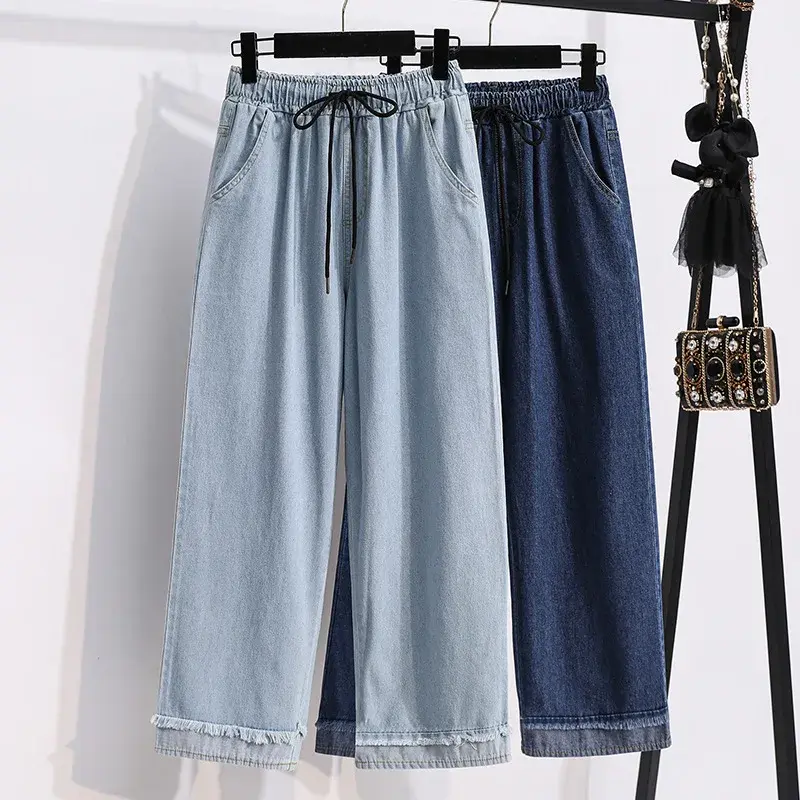 Plus Size Casual Loose Wide Leg Jeans Women's High Waist Straight Leg Pants Cuffed Loose Trousers Denim Jeans Student Fashion